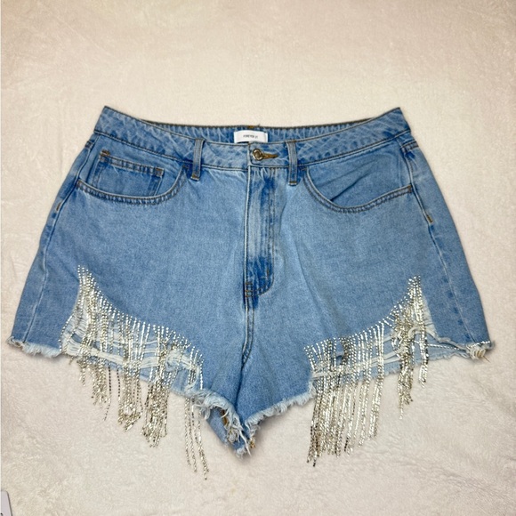 Forever 21 Size 31 Blue and Silver Jean Shorts with Fringe - Picture 1 of 4